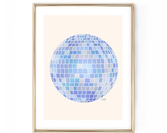 Disco Balls - Art Print, Mirror Ball Artwork, Trendy, Retro Wall Art Decor, Dorm Room, Blue Disco Balls, Cute Art, Dancing, Illustration Art