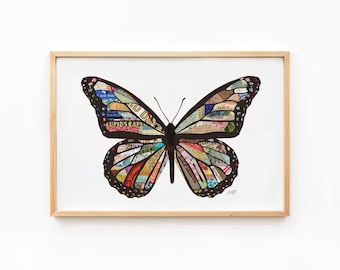 Vintage Paper Butterfly Collage Art Print: Abstract Nature Artwork