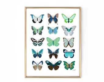 Blue Green Butterflies - Collage Illustration Art Print