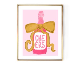 Cheers Ribbon Champagne Bottle Illustration - Art Print