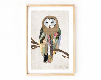 Owl Collage Art Print, Rustic Woodland Decor
