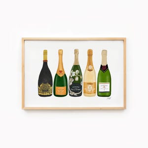 Champagne Bottles Illustration Art Print, Cute Bar Cart Decor, Trendy Kitchen Wall Art, Dorm Room Art, Champagne Gifts