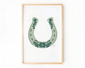 Country Horseshoe Art Print, Western Cowgirl Wall Decor, Floral Boho Print, Preppy Dorm Room Artwork,