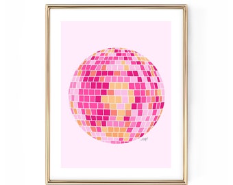 Ilustración de bolas de discoteca: impresión artística, obra de arte con bolas de espejos, decoración de pared retro y de moda, dormitorio, bolas de discoteca rosas, decoración rosa, arte lindo