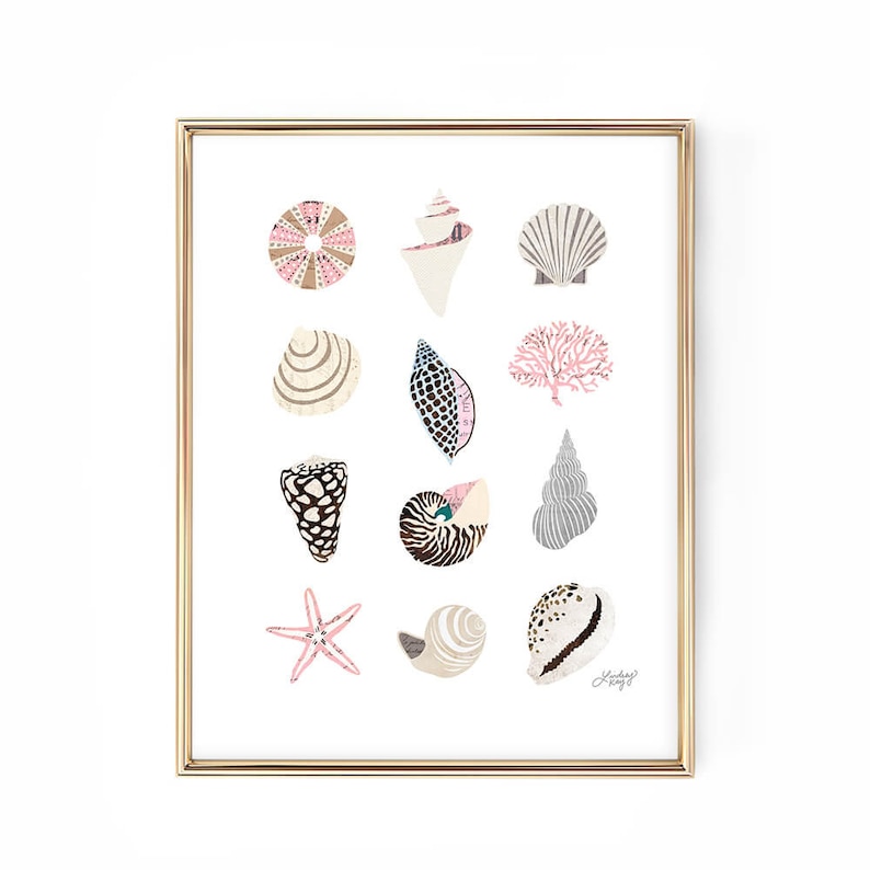May include: A framed print featuring a collection of illustrated seashells in various shapes, sizes, and colors. The artwork includes a starfish, coral, and several types of shells, all set against a white background. The frame is gold.