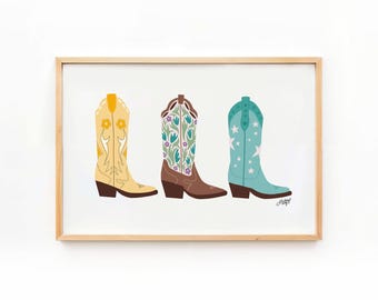 Cowboy Boots Illustration - Art Print, Trendy Dorm Room Artwork, Western Cowgirl Atheistic, Girly Wall Art
