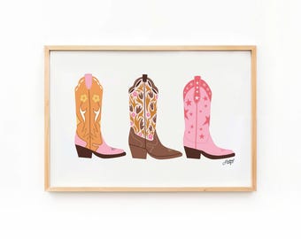 Cowgirl Boots Illustration Art Print, Cute Western Wall Art, Girly Trendy Dorm Room Decor