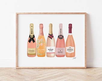 Rose Champagne Bottles Illustration - Art Print