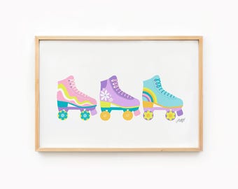 Retro Roller Skates Art Print: Pastel 70s Style Artwork
