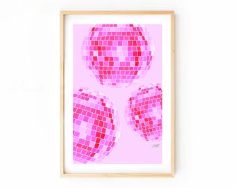 Impresión artística de bolas de discoteca rosas, obra de arte de bola de espejos, decoración de pared retro de moda, póster moderno de los años 70, decoración de dormitorio, estética encantadora y moderna.