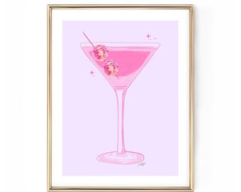 Disco Ball Martini Glas Illustration, Bar Warenkorb Dekor, Kunstdruck, Retro Alkohol Küche Dekor, Trendy, Farboptionen, Spiegelkugeln, Wandkunst