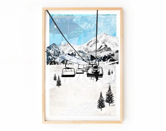 Mountain Landscape, Chairlift, Abstract, Collage, Art Print, Wall Art, Mountain Home, Cabin, Decor, Aesthetic, Skiing, Artwork, Winter, Ski