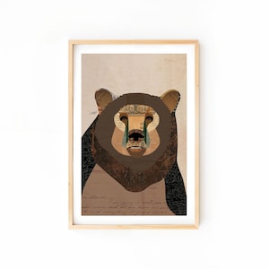 Bear Collage Illustration Art Print, Woodland Animal Wall Decor, Mixed Media Aesthetic