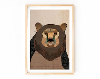 Bear Collage Illustration Art Print, Woodland Animal Wall Decor, Mixed Media Aesthetic