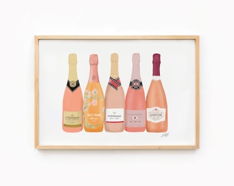 Impresión artística con ilustración de botellas de champán rosado, decoración para carrito de bar