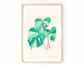 Monstera Plant Art Print, Pastel Plant Art, Botanical Illustration Art, Plant Wall Art, Plant Lover Gift, Cute Hand drawn Plant Art