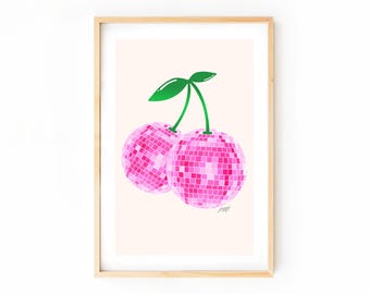 Disco Ball Cherry Art Print, Mirror Ball Artwork, Trendy Retro Wall Art Decor, Cute Pink Disco Ball Wall Art, Dorm Room Decor