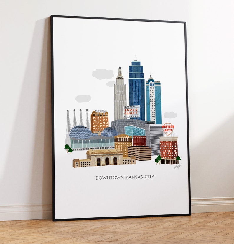 kansas city downtown skyline cityscape illustration art print poster missouri wall art chiefs