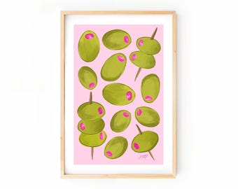 Martini Olive Illustration Art Print, Trendy Kitchen Artwork, Retro Bar Cart Decor