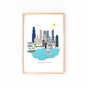 Innenstadt Chicago Illustration Kunstdruck, Skyline Stadtbild Wandkunst