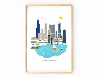 May include: A framed print featuring a colorful illustration of the Chicago skyline. The artwork depicts various skyscrapers, a body of water with sailboats, and a sunny sky. The words "Downtown Chicago" are printed at the bottom.