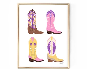 Cowboy Boots Illustration, Kunstdruck, Trendy, Wohnheimzimmer, Schwesternschaft, Western, Cowgirl Athestic, Girly, Country, Wandkunst, niedlich, Texas, Poster