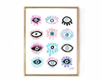 Collage ilustrado de coloridos ojos turcos - Lámina artística, Ojo turco tradicional, Azul y rosa, Estética de buenas vibraciones, Arte mural de ojo turco