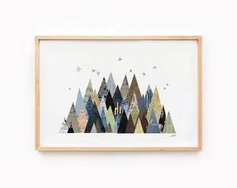 Mountain Collage Illustration Art Print, Vintage Aesthetic Mixed Media Wall Art, Cabin Mountain Home Decor, Winter Wall Art, Skiing Art