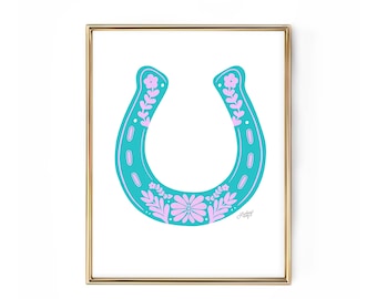 Western Floral Horseshoe Illustration - Art Print