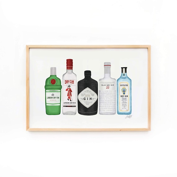 Gin Bottles Art Print, Trendy Bar Cart Art, Man Cave Poster, Alcohol Bar Artwork, Cocktails and Martinis Art, Boozy Artwork