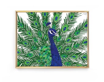 May include: A framed art print featuring a stylized peacock with a vibrant display of green and blue feathers. The peacock's body is a deep blue, and the artwork is set against a white background, framed in gold.