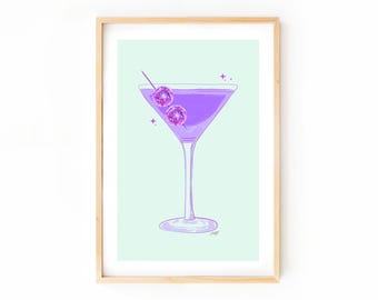 Retro Disco Ball Martini Glas Kunstdruck, Bar Warenkorb Kunstwerk, Küche Martini Kunst, trendige Martini Wandkunst (verschiedene Farboptionen)