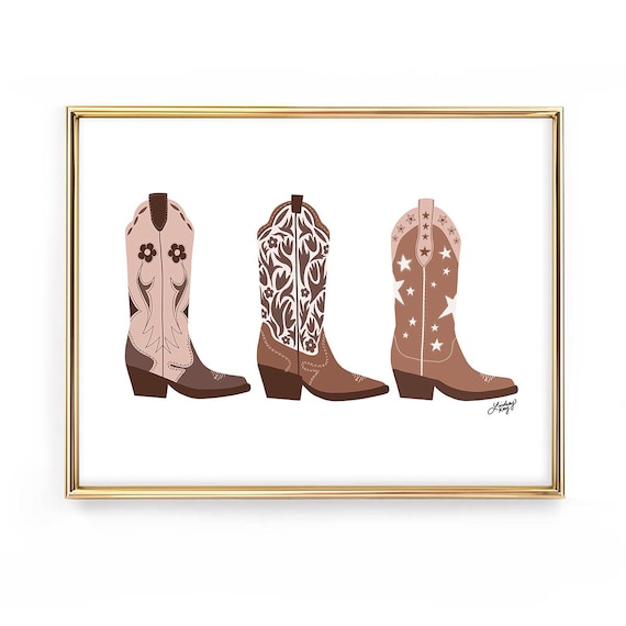 Cowgirl Boots Illustration Art Print, Trendy Dorm Room Artwork, Cute Western Cowgirl Atheistic