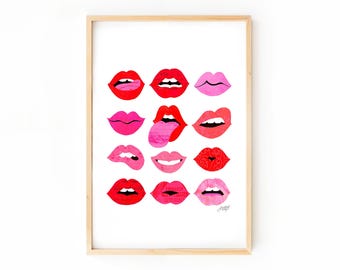 Lámina artística "Labios de Amor", arte mural retro de labios, lámina pop art ilustrada a mano, decoración de dormitorio femenino, arte mural bohemio colorido.