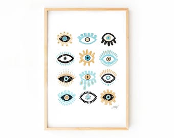 Impresión artística con ilustración de ojos malvados coloridos