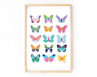 Butterflies Collage Illustration Art Print, Coloful Butterfly Wall Art, Trendy High Quality Poster, Preppy Dorm Room Decor