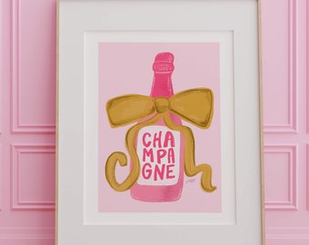 Ribbon Champagne Bottle Illustration - Art Print