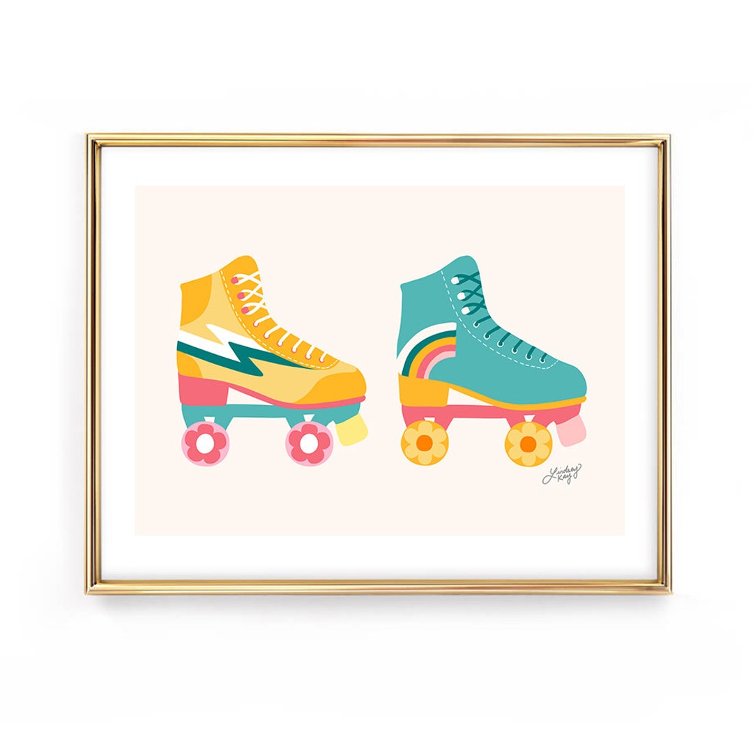Patins à roulettes rétro, néon, pastel, affiche, illustration