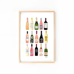 Wine Champagne Bottles Art Print, Champagne Bar Cart Decor, Cute Kitchen Art, Trendy Champagne Wall Art