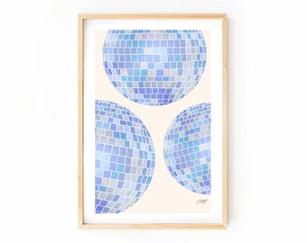 Blue Disco Balls Illustration Art Print, Mirror Ball Artwork, Trendy Retro Wall Art Decor
