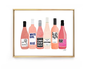 Rose Wine Bottles, Bar Cart Decor, Art Print, Kitchen, Trendy, Dorm Room, Alcohol, Girly, Cute, Artwork, Aesthetic, Illustration, Wine Art