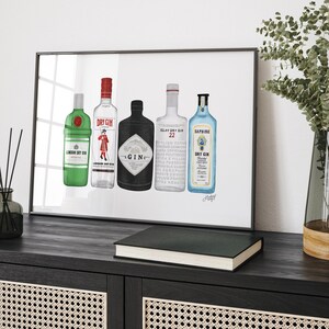 May include: A framed print of five different gin bottles. The bottles are all different brands and have different labels. The bottles are arranged in a row from left to right. The bottles are all in a white background. The print is on a shelf with other items, including books, a radio, and plants.