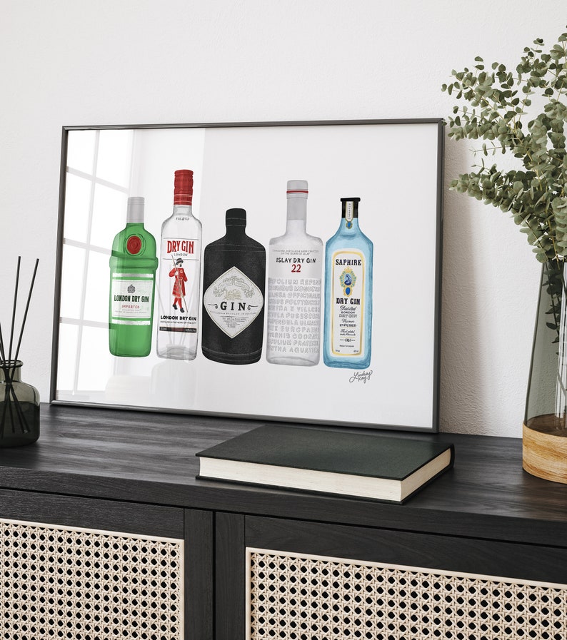 May include: A framed print of five different gin bottles. The bottles are all different brands and have different labels. The bottles are arranged in a row from left to right. The bottles are all in a white background. The print is on a shelf with other items, including books, a radio, and plants.