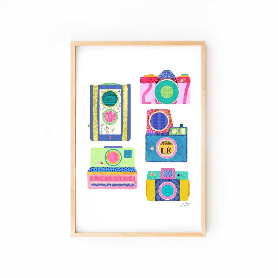 Colorful Vintage Cameras Collage Illustration - Art Print - Etsy