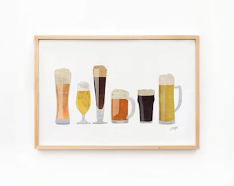 Bierkrüge Kunstdruck, Barwagen Dekor, Küchenkunst, Trendy Man Höhle Dekor, Bier Illustration Kunstwerk, Geschenke für Ihn