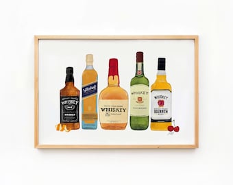 Whiskey Bottles Art Print, Bar Cart Decor, Kitchen Art, Trendy Man Cave Decor, Old Fashioned Artwork, Boozy Bar Artwork