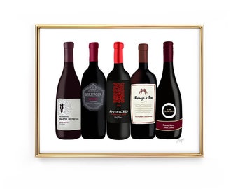 Red Wine Bottles Illustration - Art Print