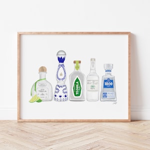 tequila bottle illustration art print poster wall art bar cart artwork decor