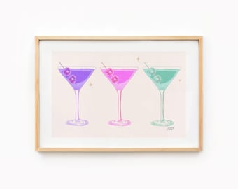 Retro Martini Kunstdruck, bunte Disco Ball Art, flippige Barwagen-Dekor, Martini Wandkunst, niedliches Martini Poster, trendige Küchenkunst