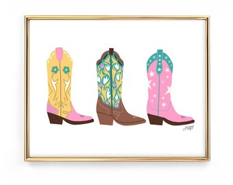 Cowboy Boots Illustration (Pink/Yellow/Turquoise Palette) - Art Print